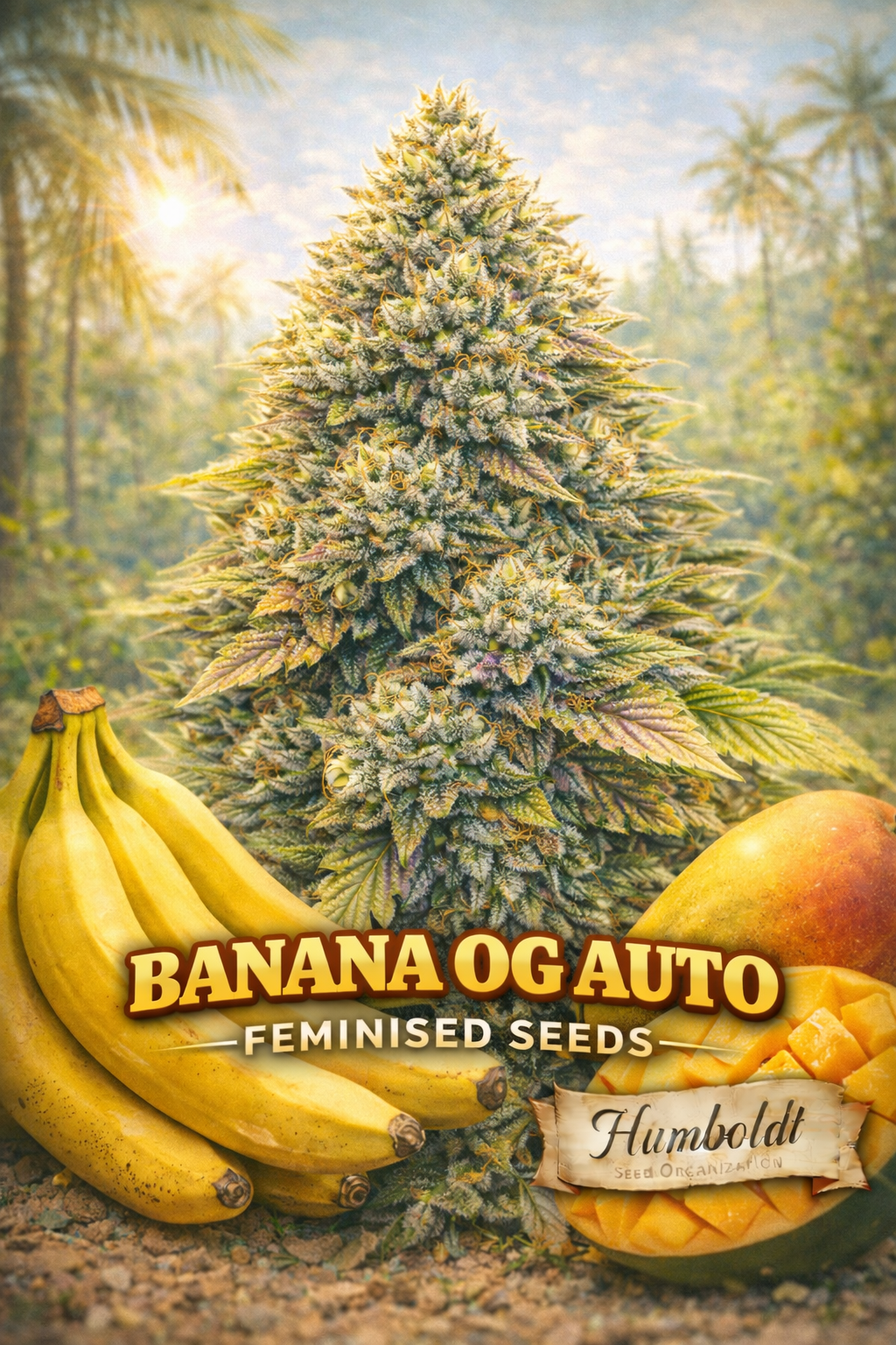 Hyper-realistic Banana OG Auto cannabis plant artwork with dense frosty buds, tropical background with palm trees, bunches of ripe bananas and sliced mango in the foreground, strain name ‘Banana OG Auto Feminised Seeds’ and Humboldt Seed Co. logo at bottom.