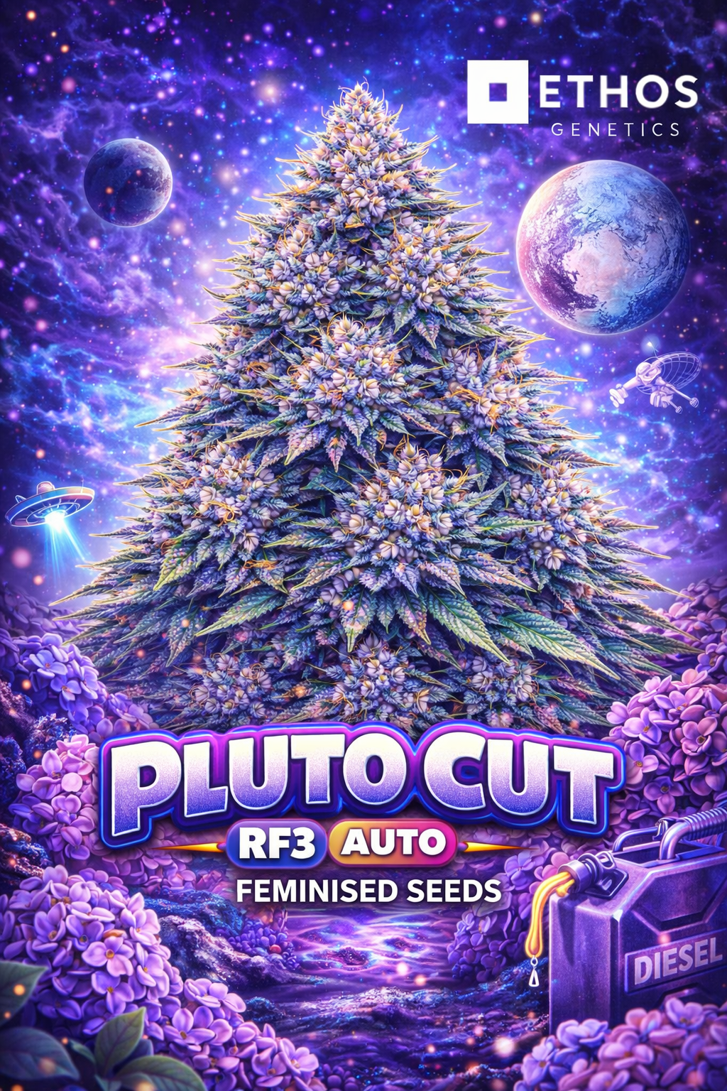 Promotional artwork for Pluto Cut RF3 Auto Feminised Seeds by Ethos Genetics, featuring a uniquely shaped cannabis plant silhouette set in a cosmic scene with nebula clouds, planets and a stylised UFO, with bold strain text and the Ethos Genetics logo displayed.
