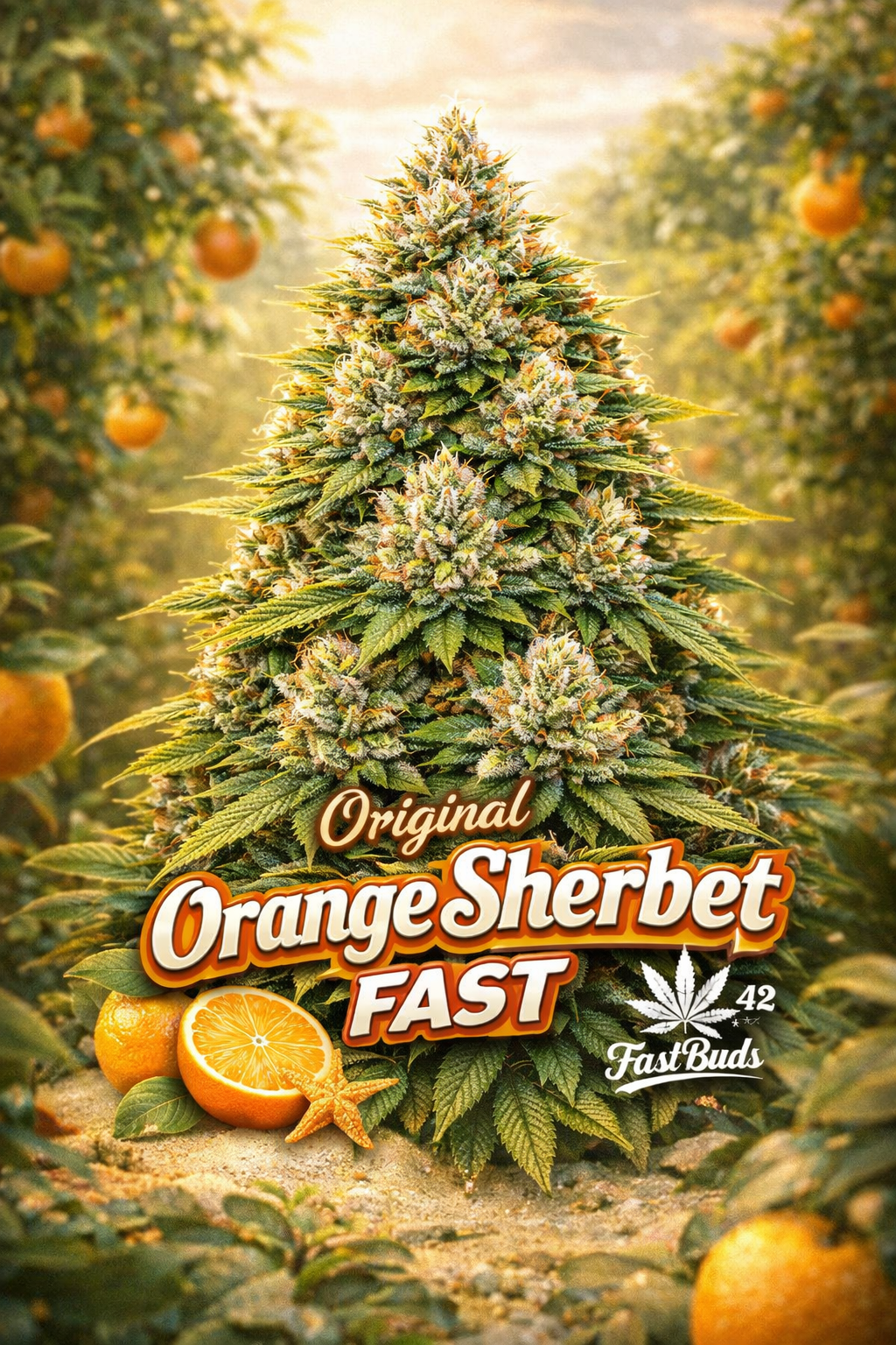 High-definition promotional artwork for Orange Sherbet FAST Feminised Seeds by Fast Buds, showing a citrus-themed cannabis plant with dense frosted buds and bright orange pistils in an orange grove backdrop, with bold strain text and the Fast Buds logo displayed at the bottom.