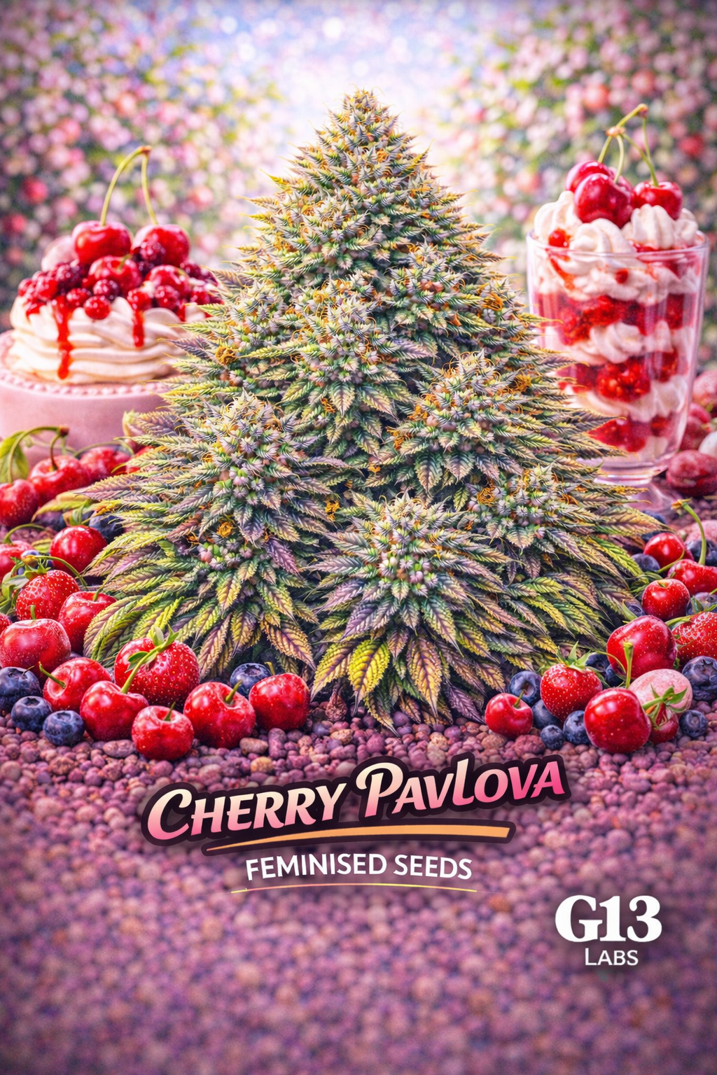 A vibrant Cherry Pavlova cannabis plant surrounded by cherries, berries, and pavlova desserts, with the strain name and G13 Labs logo visible.