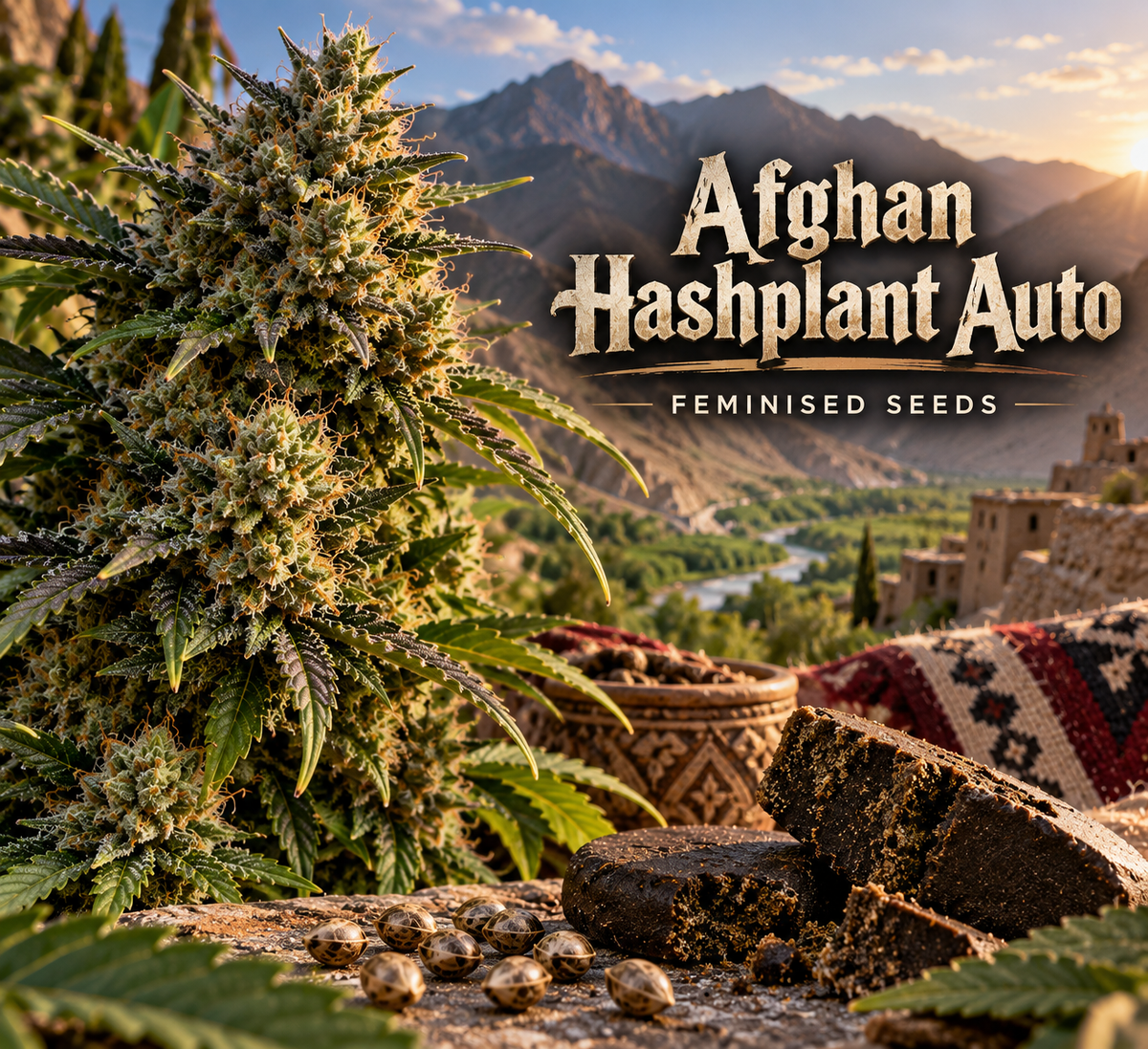 Afghan Hashplant Auto Feminised Seeds with frosty cannabis flowers, seeds and traditional hash against a dramatic Afghan mountain landscape.