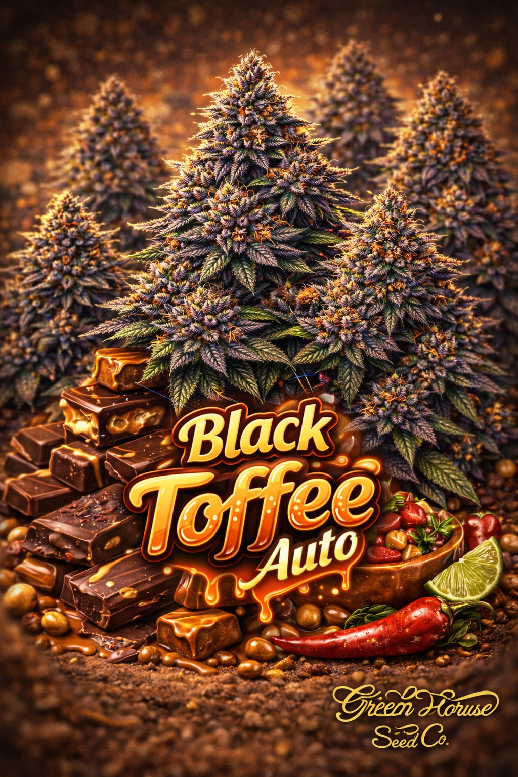 Hyper-realistic promotional artwork for Black Toffee Auto Feminised Seeds by Greenhouse Seed Co., featuring multiple dense, frosty cannabis plants with deep purple and green tones, set against a warm amber backdrop with glossy chocolate-toffee chunks, caramel details, bold strain text, and the Greenhouse Seed Co. logo at the bottom.