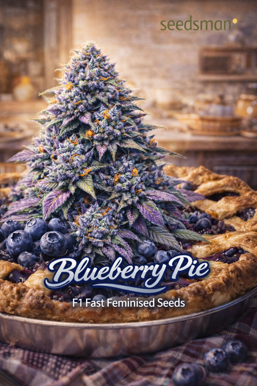 blueberry pie f1 fast feminised seeds artwork featuring a frosty cannabis plant growing from a warm golden blueberry pie with fresh blueberries and seedsman logo