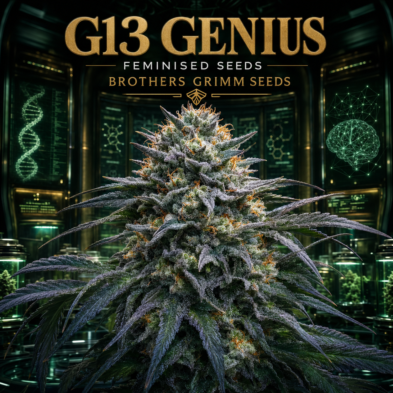 A large, heavily frosty cannabis bud centered in a dark laboratory setting with glowing green scientific screens and the text 'G13 GENIUS' and 'FEMINISED SEEDS BROTHERS GRIMM SEEDS' at the top.