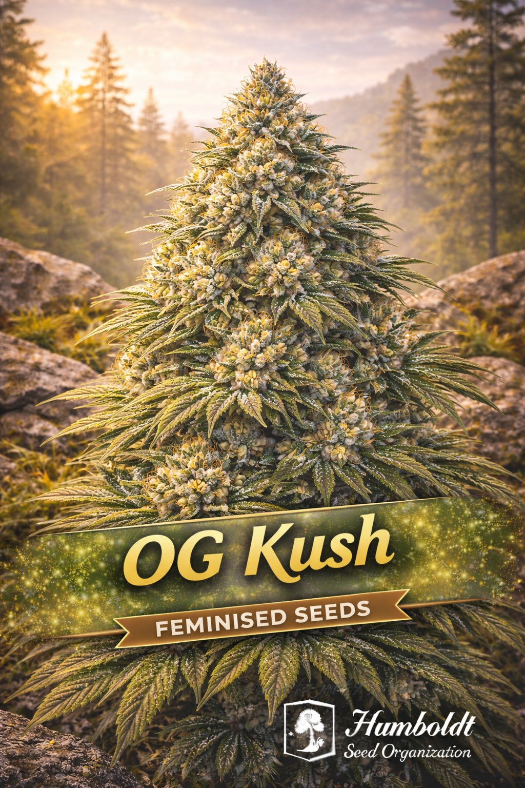 OG Kush Feminised cannabis plant with dense frosty buds and orange pistils, set against a warm forest mountain backdrop with bold strain branding and the Humboldt Seed Organization logo.