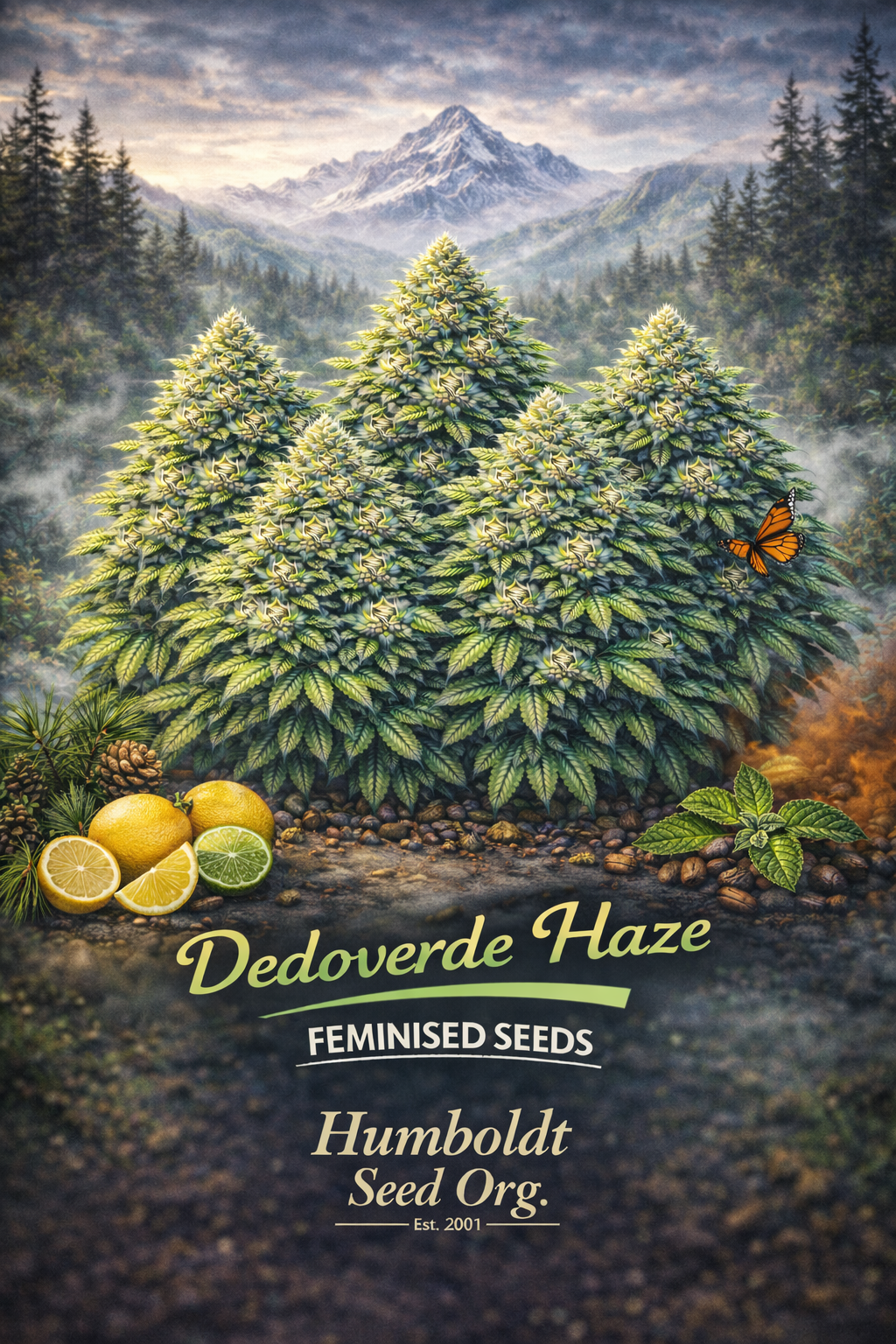 A realistic Dedoverde Haze cannabis plant cluster with lemons, pine, and mint accents, set against a misty mountain backdrop, with the strain name and Humboldt Seed Org. logo visible.