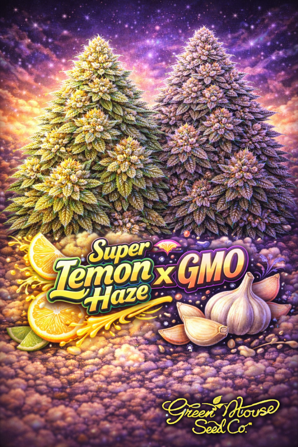 Hyper-realistic promotional artwork for Super Lemon Haze x GMO Feminised Seeds by Greenhouse Seed Co., featuring two realistic, frosty cannabis plants — a bright green lemon-themed Super Lemon Haze pheno on the left and a darker purple-green GMO pheno on the right — set against a cosmic sunset sky, with lemon slices and garlic bulbs in the foreground, bold strain text, and the Greenhouse Seed Co. logo.