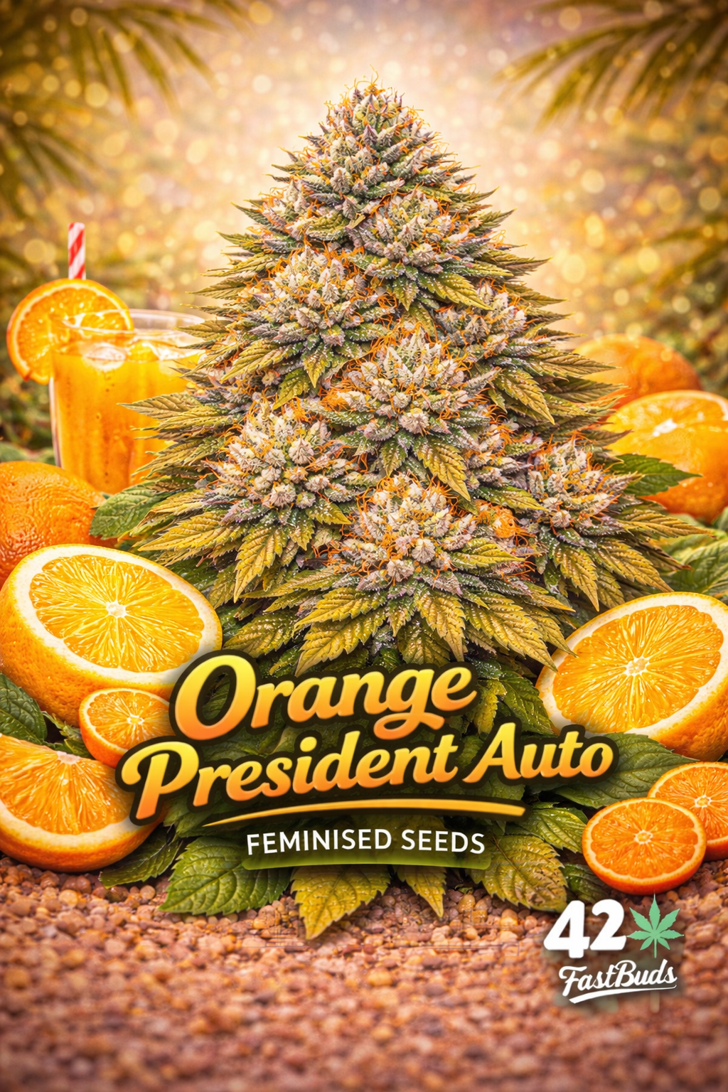 A frosty Orange President Auto cannabis plant surrounded by bright orange slices and citrus accents, with the strain name and Fast Buds logo shown clearly.