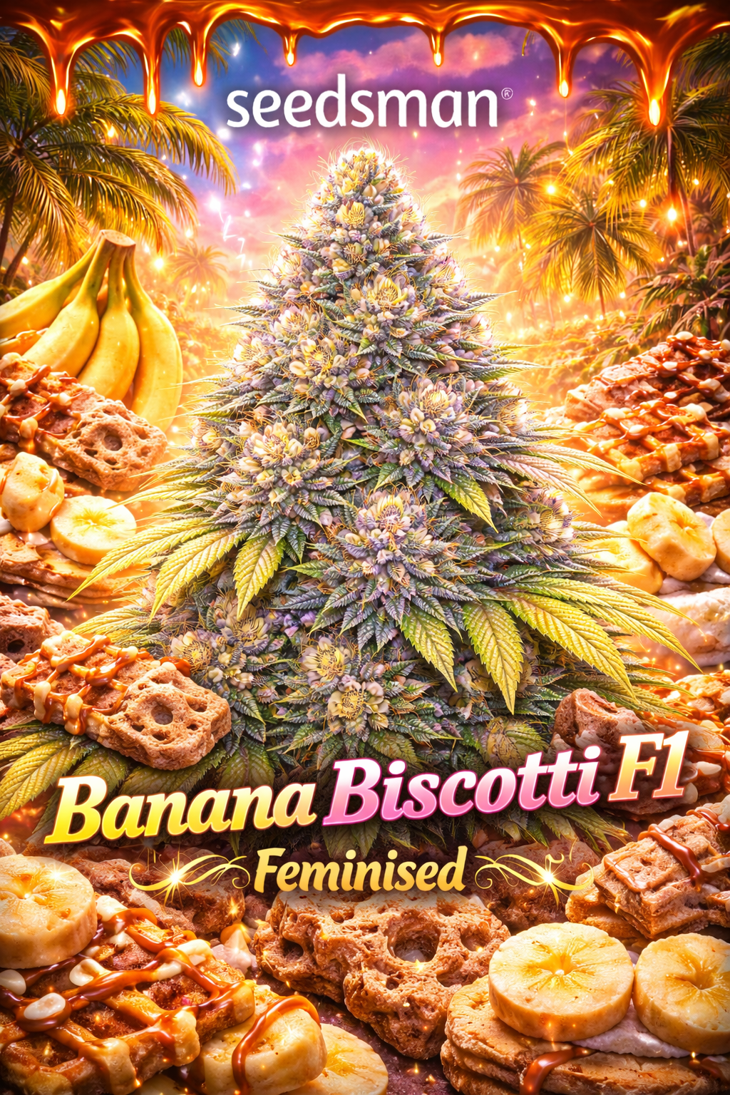 Banana Biscotti F1 Feminised cannabis plant promotional artwork with frosty colourful buds, caramel-drizzled biscotti and banana slices in a tropical neon setting, Seedsman logo, and bold glowing strain name at the bottom