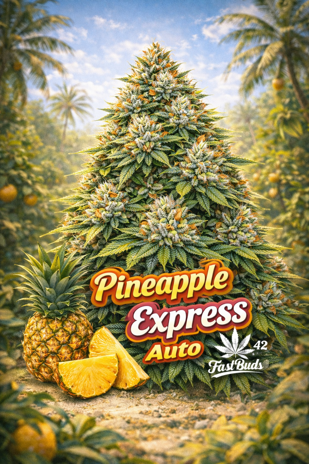 High-definition promotional artwork for Pineapple Express Auto Feminised Seeds by Fast Buds, featuring a tall, dense tropical-themed cannabis plant with frosty buds and orange pistils, set against a bright palm-grove backdrop, with sliced pineapple accents, bold strain text, and the Fast Buds logo at the bottom.