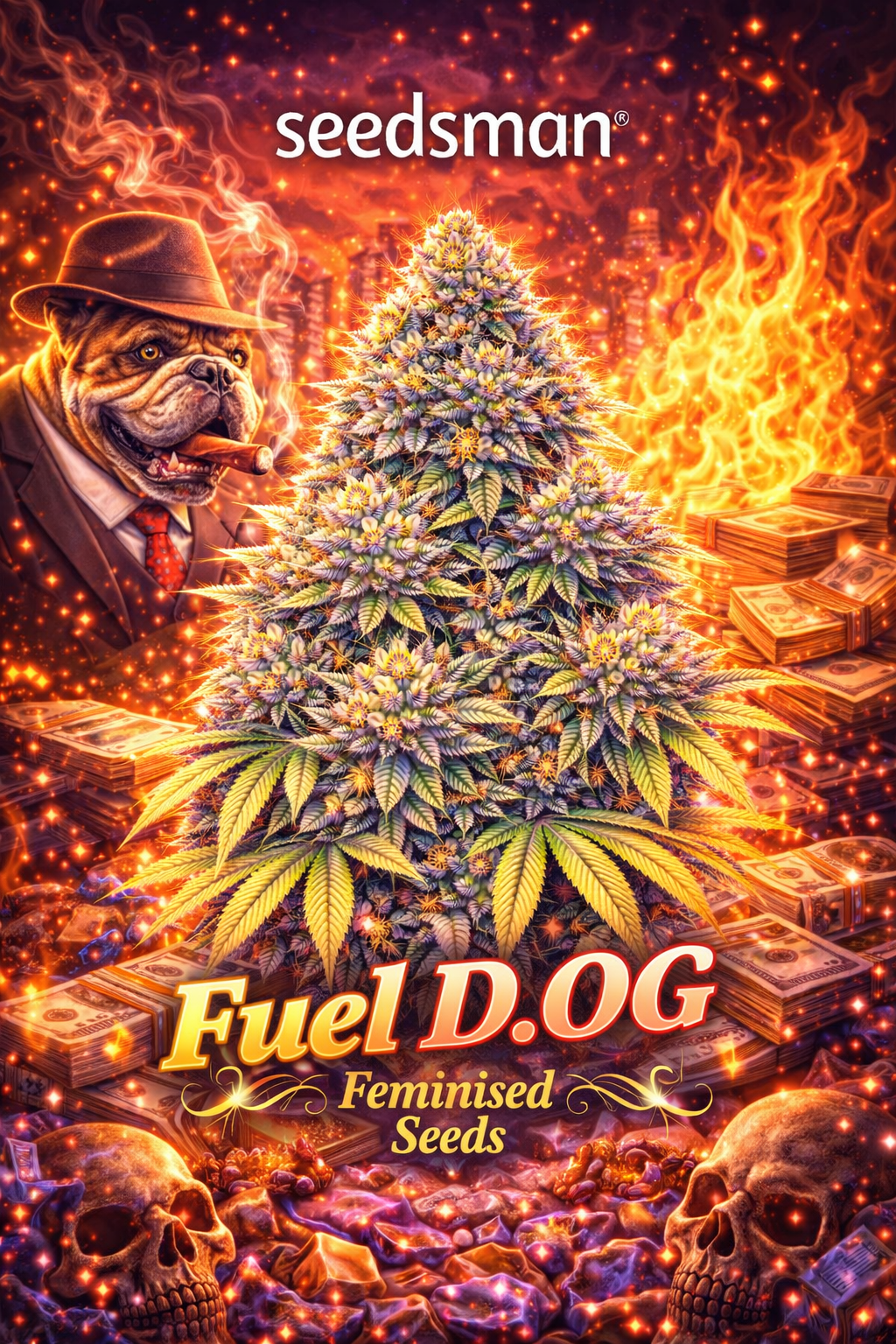 Fuel D.OG Feminised cannabis plant promotional artwork with frosty bright buds, fiery orange background, stacks of cash, snarling bulldog in a suit with a cigar, Seedsman logo, and bold glowing strain name at the bottom