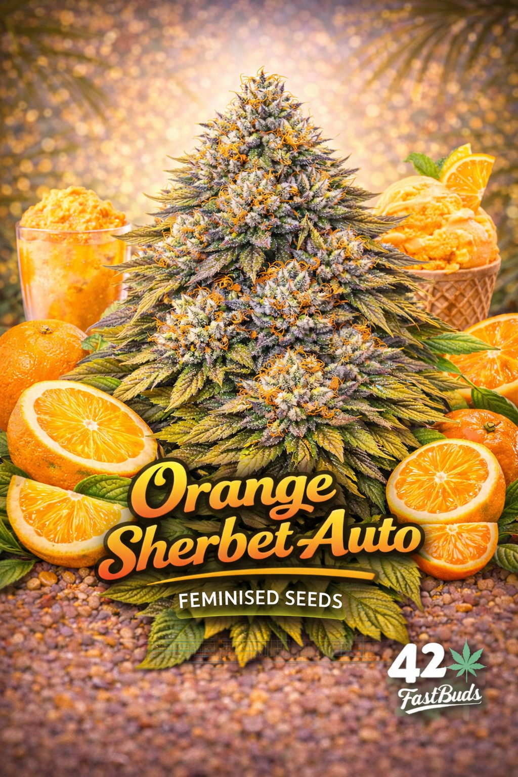 A frosty Orange Sherbet Auto cannabis plant with bright orange and citrus tones, surrounded by orange slices, with the strain name and Fast Buds logo visible.