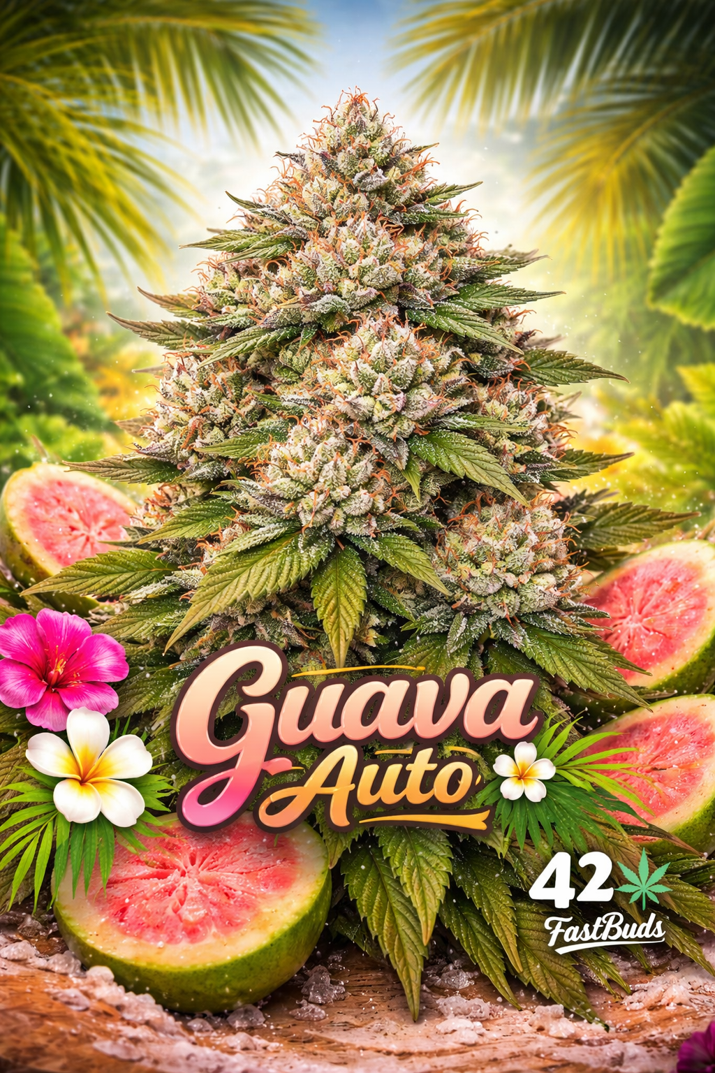 A hyper-realistic promotional artwork for “Guava Auto Feminised Seeds – Fast Buds,” featuring a unique cannabis plant with a distinct multi-cola structure and vibrant tropical colour tones. The background uses a bright, exotic gradient inspired by guava fruit themes, while the strain name appears large and bold at the bottom in a unique font style. The Fast Buds logo is placed smaller and unobtrusively. UK-compliant abstract artwork with no cultivation equipment shown.