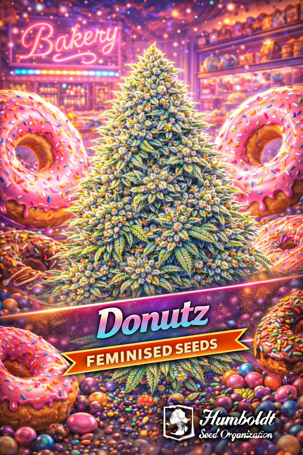 Donutz Feminised cannabis plant with dense frosty buds surrounded by bright pink iced donuts, rainbow sprinkles, and a glowing bakery backdrop, featuring bold strain branding and the Humboldt Seed Company logo.