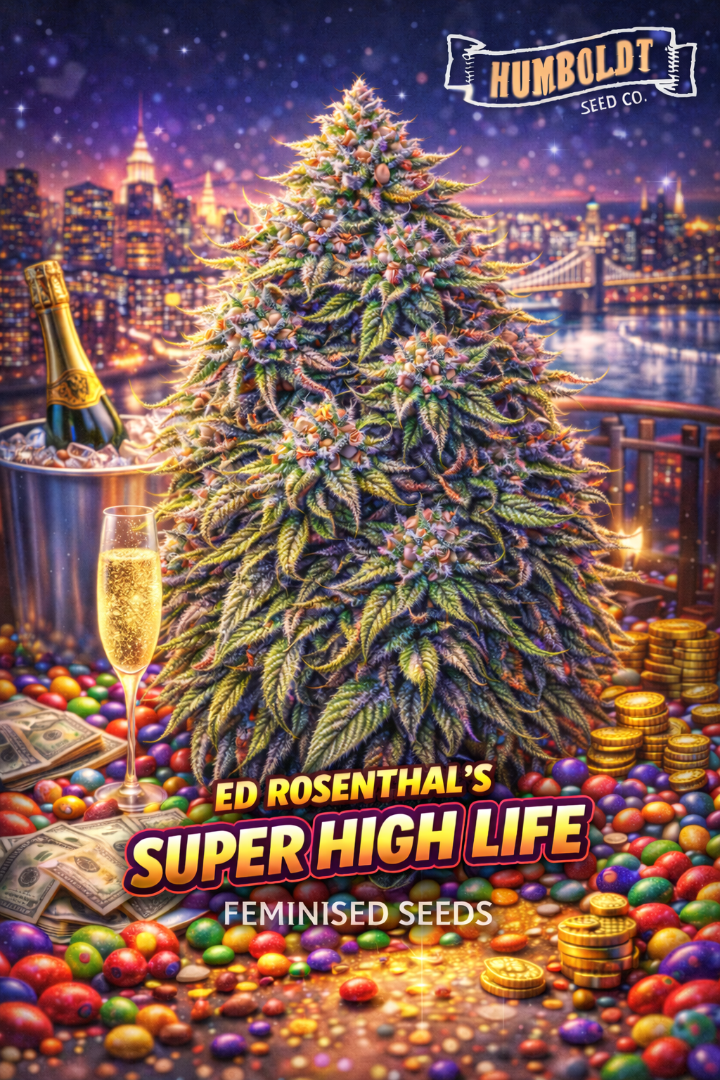 Ed Rosenthal’s Super High Life Feminised Seeds product image showing a hyper-realistic frosty cannabis plant on a luxury night-time balcony overlooking a glowing city skyline, surrounded by champagne, gold coins, cash and colourful candies, finished with the Humboldt Seed Co. logo and bold Super High Life title.