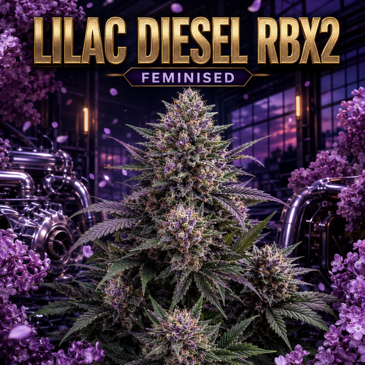 Promotional graphic for 'LILAC DIESEL RBX2 FEMINISED' showing a large cannabis plant with purple hues and frosty tips, set against a dark industrial background with purple flowers and metallic machinery.