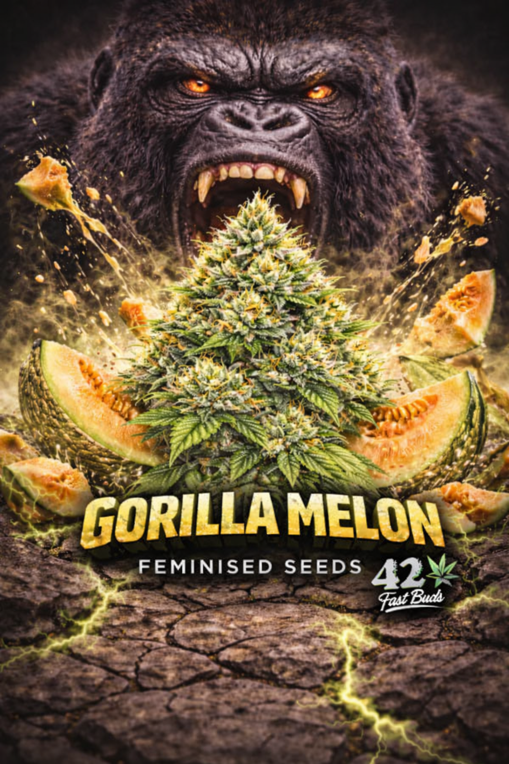 Gorilla Melon feminised cannabis seed artwork featuring a fierce gorilla behind a frosty melon-themed cannabis plant with cracked ground and explosive melon visuals in a dramatic promotional style.
