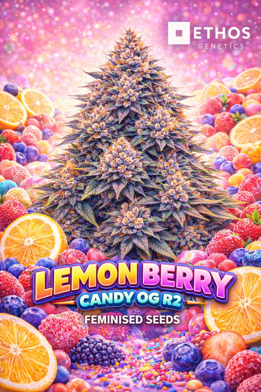 Promotional artwork for Lemon Berry Candy OG R2 Feminised Seeds by Ethos Genetics, featuring a uniquely shaped cannabis plant silhouette surrounded by vibrant lemon, berry and candy-themed visuals, set against a soft pastel gradient background with the strain name and Ethos Genetics logo displayed.