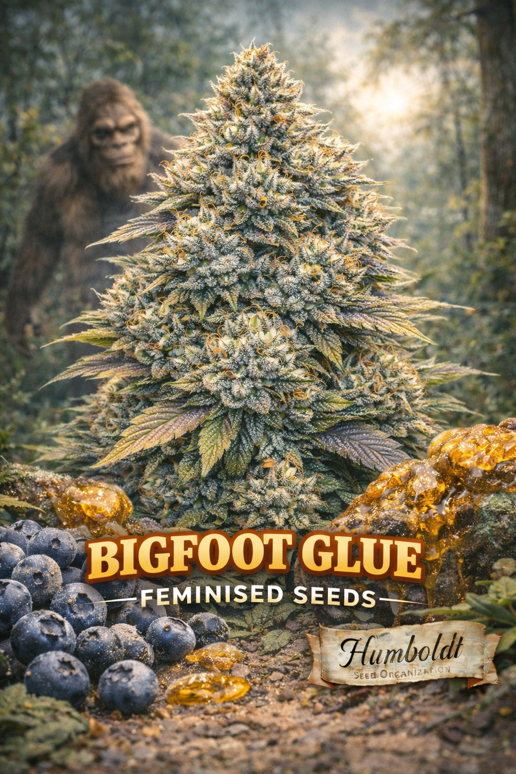 Hyper-realistic Bigfoot Glue cannabis plant artwork with dense frosty buds, deep green and purple leaves, forest-themed background and subtle Bigfoot footprint cues, strain name ‘Bigfoot Glue Feminised Seeds’ and Humboldt Seed Co. logo at bottom.