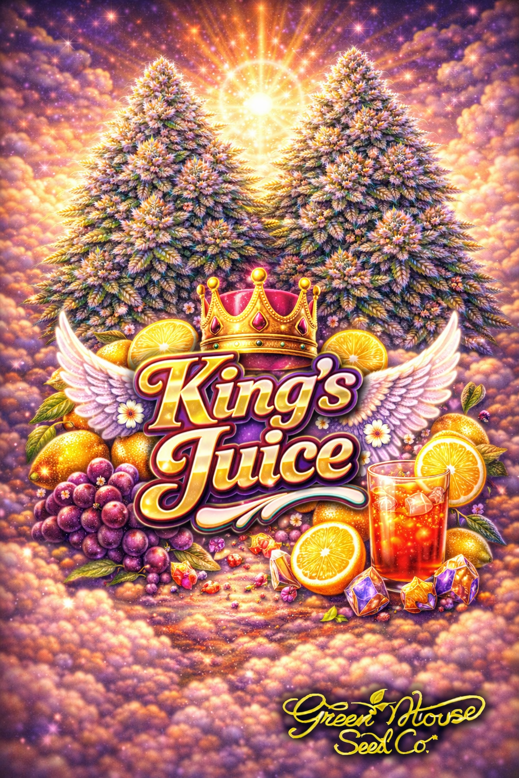 Hyper-realistic promotional artwork for King’s Juice Feminised Seeds by Greenhouse Seed Co., featuring two dense frosty cannabis plants set against a radiant cosmic sky, with oranges, grapes, a glowing glass of juice, and a regal crown above the bold strain text, all framed within a dreamy cloudscape and finished with the Greenhouse Seed Co. logo.