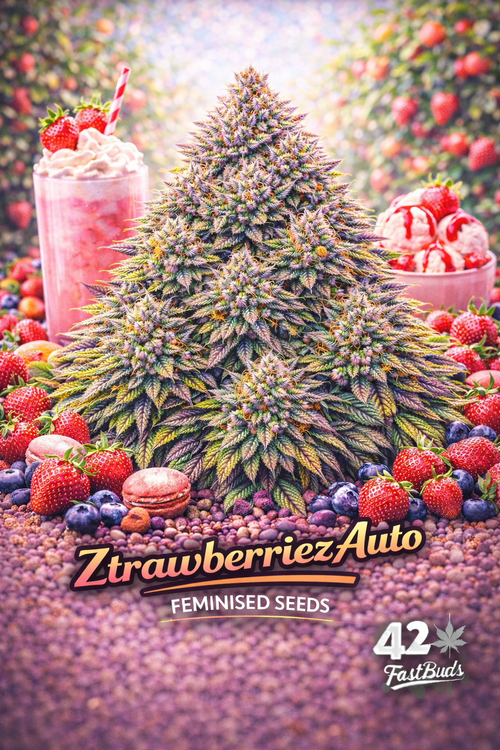 A bright, vibrant Ztrawberriez Auto cannabis plant surrounded by strawberries, berries, and desserts, with the strain name and Fast Buds logo visible.