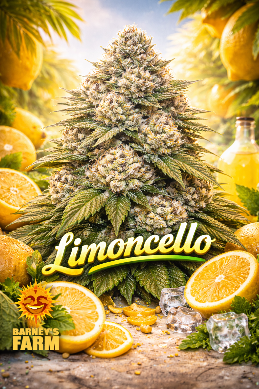 High-definition artistic promotional image of a Limoncello cannabis plant with bright citrus-yellow highlights, frosty resin, and a distinctive branching structure. The background features a fresh, lemon-themed colour palette with soft gradients and subtle citrus cues. “Limoncello” appears clearly at the bottom in a bold, unique font, with the Barney’s Farm logo placed subtly and smaller than the strain name. Fully UK-compliant collector’s artwork with no cultivation equipment.