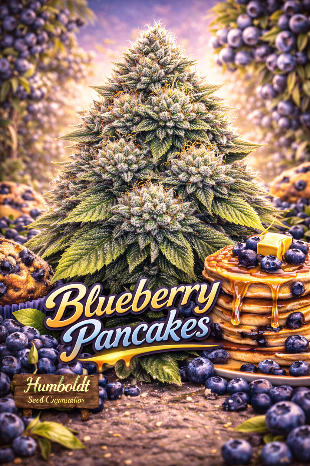 Hyper-realistic Blueberry Pancakes Feminised Seeds artwork by Humboldt Seed Company, featuring a dense frosty cannabis plant with purple-green tones, fresh blueberries, stacked syrup-drizzled pancakes, orchard lighting, and bold blueberry-themed strain name typography.
