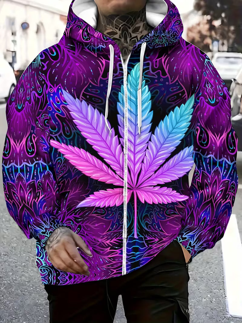 1 Psychedelic purple and blue cannabis leaf zip hoodie with neon abstract pattern