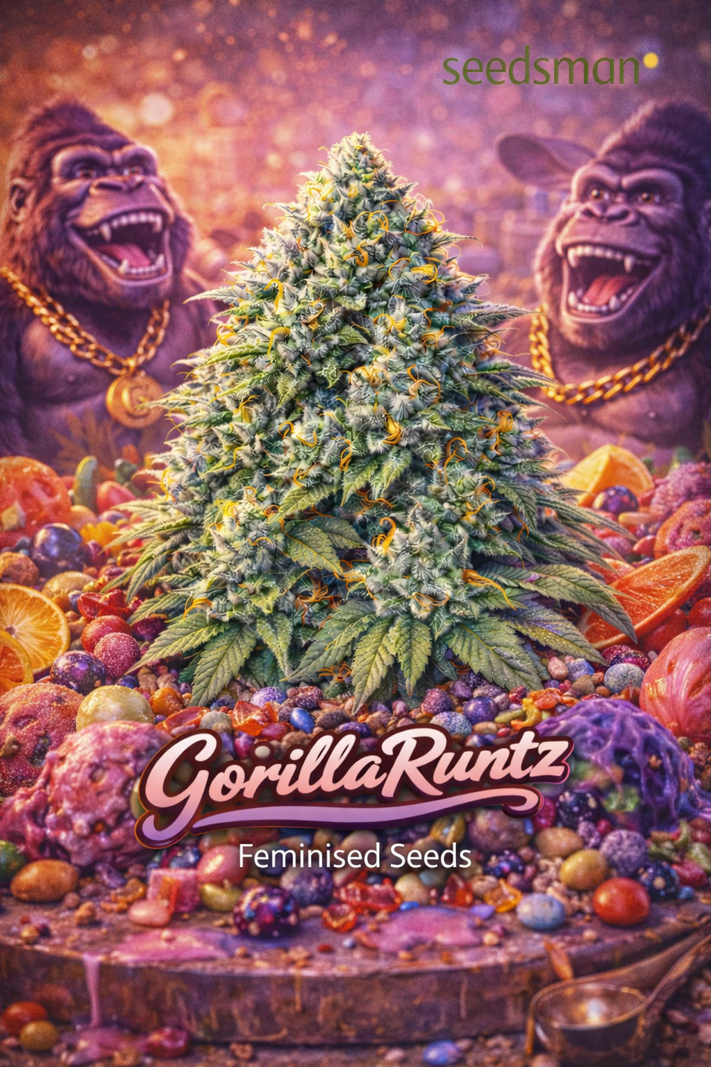 gorilla runtz feminised seeds artwork featuring a frosty cannabis plant surrounded by colourful runtz-style candies with two gorillas wearing gold chains in the background and the seedsman logo