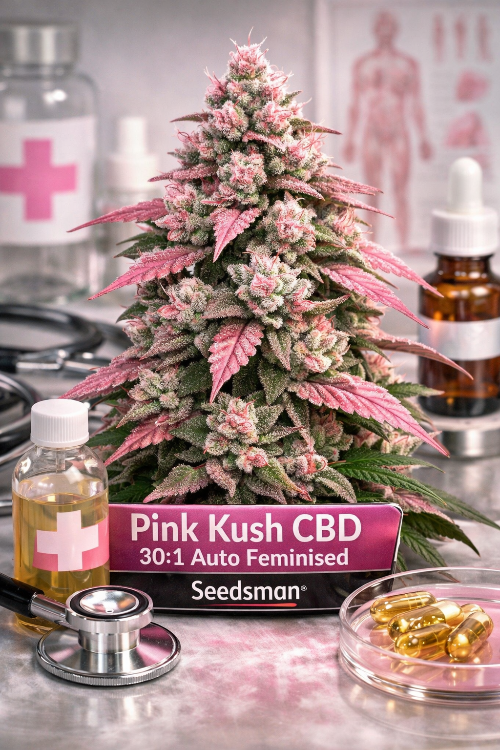 Pink Kush CBD 30:1 Auto Feminised cannabis plant by Seedsman, shown as a compact, pyramid-shaped autoflower with dense pink-tinted buds and frosty trichomes, photographed in a clean medical-themed studio setting with clinical props and soft anatomical background, featuring clear strain name branding and CBD-focused visual presentation.