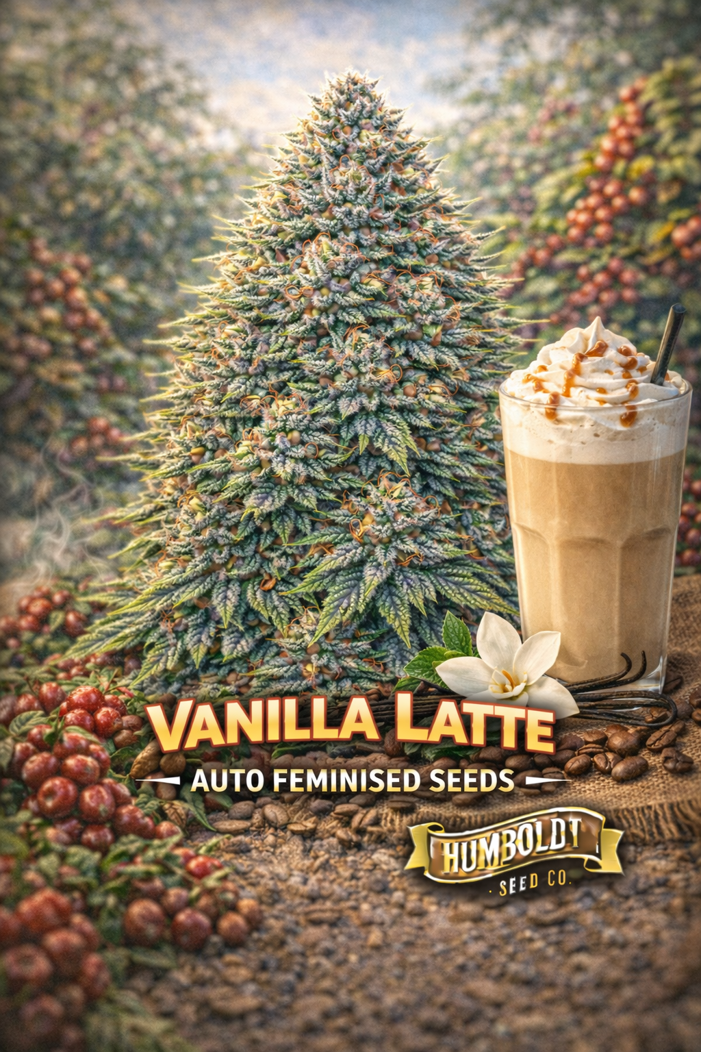 Vanilla Latte Auto Feminised Seeds by Humboldt Seed Co – hyper-realistic frosty green cannabis plant with creamy white trichomes and orange pistils, set in a warm coffee-themed scene featuring a vanilla latte in a glass mug, vanilla pods and scattered coffee beans; bold VANILLA LATTE text centred at the bottom with the Humboldt Seed Co logo underneath