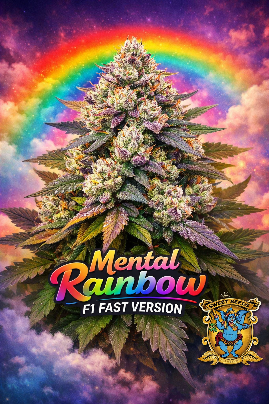 A hyper-realistic promotional image of the Mental Rainbow F1 Fast Version cannabis plant, showing a dense, colourful multi-cola structure with purple, green, and pink tones. A bright rainbow arches behind the plant against a vibrant sky. The strain name “Mental Rainbow – F1 Fast Version” appears large and multicoloured at the bottom, with the Sweet Seeds logo placed to the side. UK-compliant abstract artwork with no cultivation equipment shown.