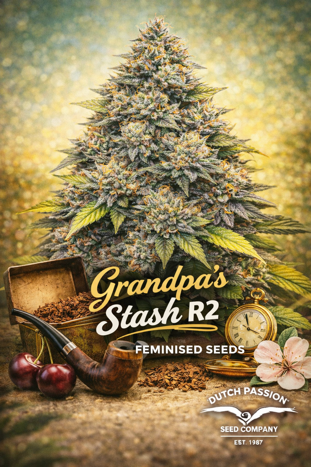 Hyper-realistic promotional artwork of Grandpa’s Stash R2 cannabis plant with dense frosty buds in green, purple, and orange tones, set against a warm vintage-style background. Below the plant are antique props including an old tin, wooden pipe, pocket watch, cherries, and blossom flowers. Bold golden and white strain name text and breeder branding are displayed clearly.