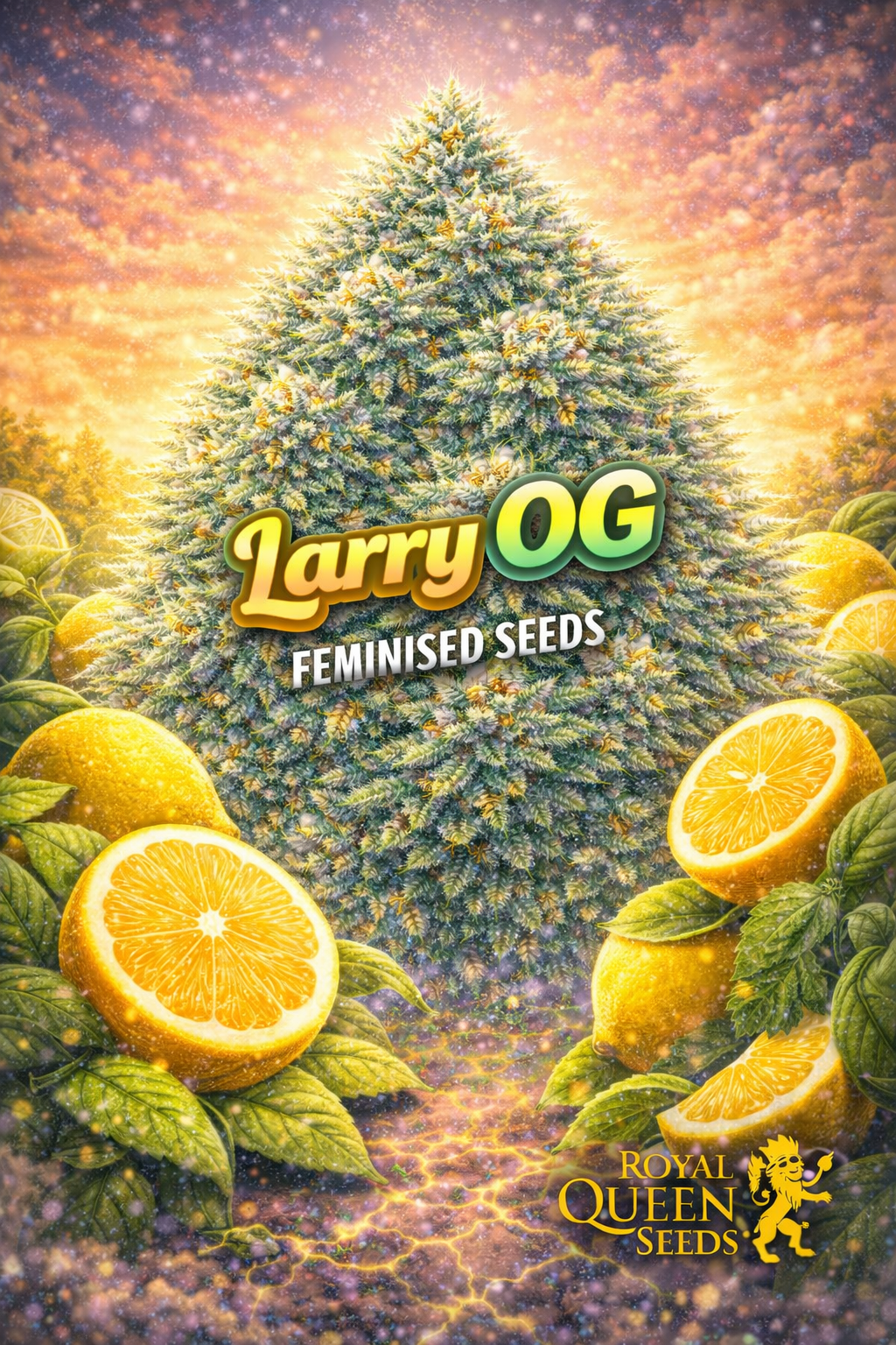 larry og feminised seeds image — hyper-realistic frosty cannabis plant with dense green and yellow-tinted buds, warm california-style sunset background with palm trees, bold gold-and-green strain name text, royal queen seeds logo, uk-compliant promotional artwork for laughing leaf seeds