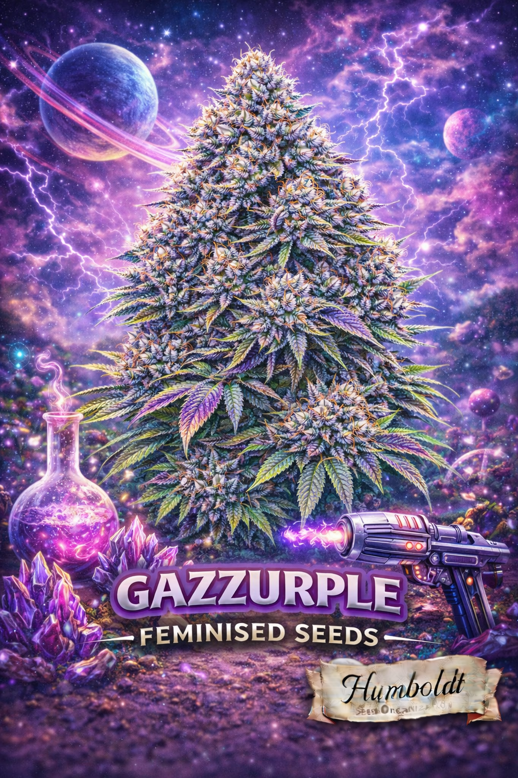 Hyper-realistic Gazzurple cannabis plant artwork with dense frosty purple-green buds, cosmic nebula background with planets and lightning, glowing potion flask, purple crystal clusters and sci-fi laser blaster in the foreground, strain name Gazzurple Feminised Seeds and Humboldt Seed Co. logo at bottom.