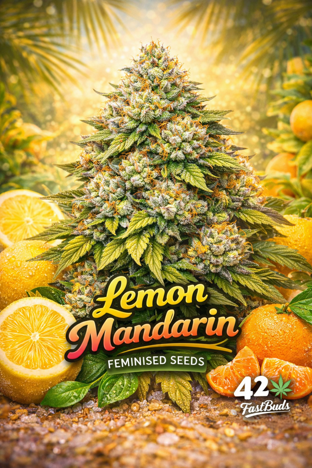 A vivid Lemon Mandarin cannabis plant with frosty citrus-coloured buds, surrounded by lemons and mandarins, with the strain name and Fast Buds logo shown clearly.