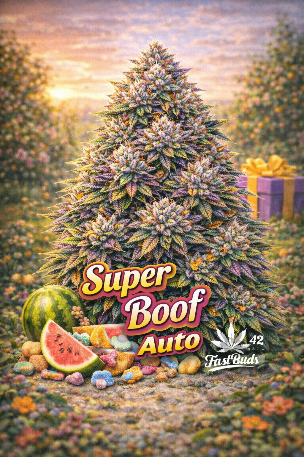 High-definition promotional artwork for Super Boof Auto Feminised Seeds by Fast Buds, featuring a dense, colourful cannabis plant with frosty buds and orange pistils, set against a warm sunset backdrop with watermelon slices and candy elements, along with bold strain text and the Fast Buds logo at the bottom.