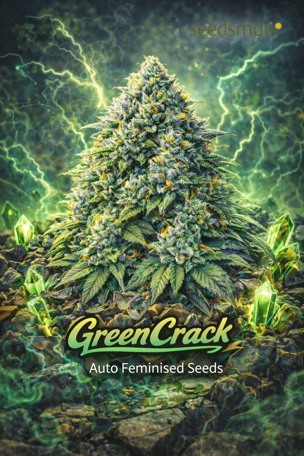 green crack auto feminised seeds artwork featuring a frosty cannabis plant with electric green lightning, glowing crystals and a cracked rocky ground theme with seedsman logo