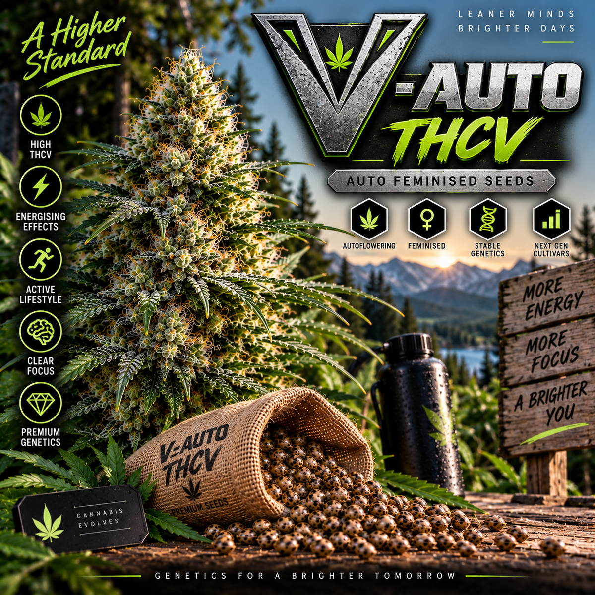 V-Auto THCV Auto Feminised Seeds promotional image featuring a resinous cannabis plant and scattered seeds against a mountain and forest landscape, with bold metallic and neon green THCV strain branding.