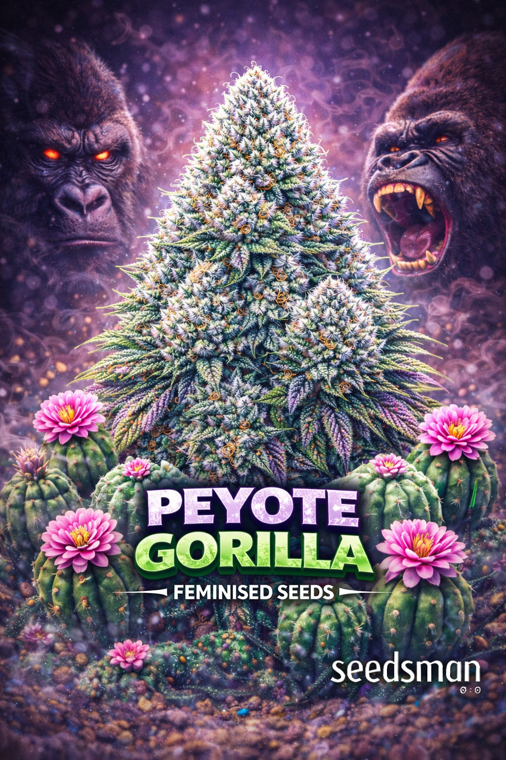Alt text:
Hyper-realistic promotional image of a giant frosty Peyote Gorilla cannabis bud with dense trichomes and purple-green tones, surrounded by vibrant peyote flowers and two gorilla faces emerging from a mystical desert background. Bold “Peyote Gorilla Feminised Seeds” text appears at the bottom with the Seedsman logo.