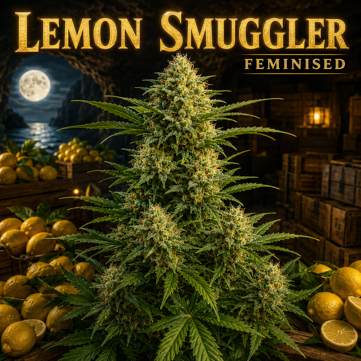 A large, feminized cannabis plant with dense green leaves and pale yellow-white buds stands in the center of a dark, rustic scene. The background features crates of lemons, a night sky with a full moon, and the bold text 'LEMON SMUGGLER FEMINISED' at the top.