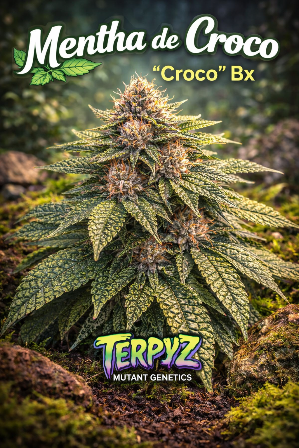 Hyper-realistic Mentha de Croco “Croco” Bx cannabis plant showing crocodile-skin textured mutant leaves and dense frosty buds, set in a natural woodland scene with “Mentha de Croco – Croco Bx – TerpyZ Mutant Genetics” branding.