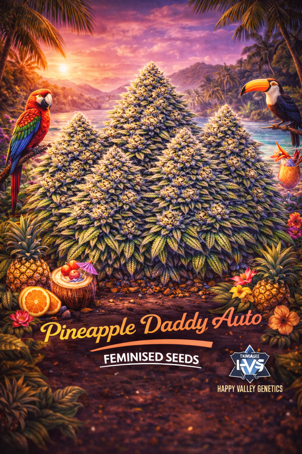 A realistic Pineapple Daddy Auto cannabis plant cluster in a tropical beach scene with parrots, pineapples, and a sunset, with the strain name and Happy Valley Genetics logo visible.