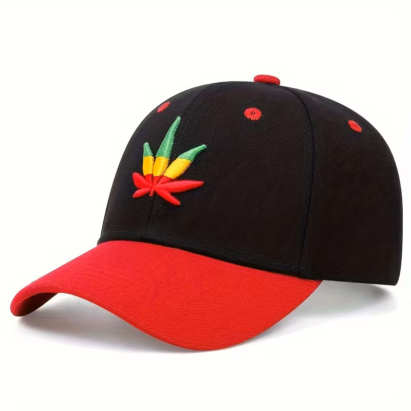 Black and red cannabis leaf baseball cap embroidered