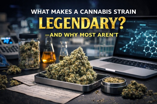Modern cannabis genetics workstation featuring a dense cannabis bud on a metal tray, lab equipment, jars, and a laptop displaying molecular diagrams, used to illustrate what makes a cannabis strain legendary.