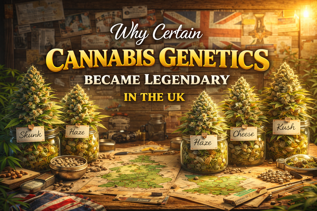Colourful landscape illustration showing classic cannabis genetics in labelled jars on a rustic table, representing why certain cannabis strains became legendary in the UK.