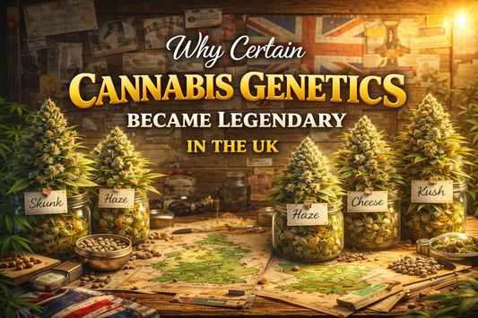 Colourful landscape illustration showing classic cannabis genetics in labelled jars on a rustic table, representing why certain cannabis strains became legendary in the UK.