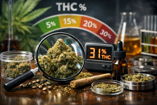 hyper realistic photo of cannabis buds under a magnifying glass with a digital thc meter and colourful thc scale in the background for an educational blog about why thc percentages can be misleading