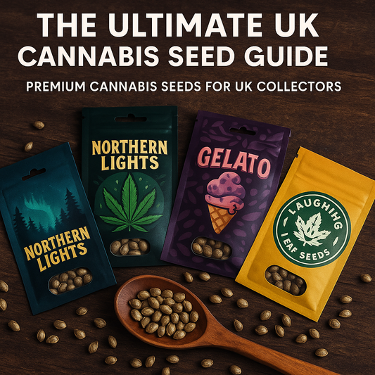 Ultimate UK cannabis seed guide cover with premium seed packs.