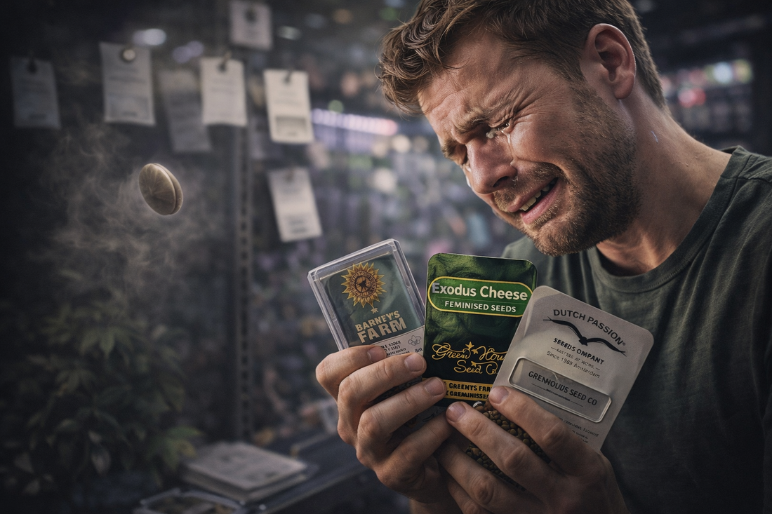 Landscape editorial image showing a distressed cannabis seed collector holding several seed packets, with an emotional expression reflecting the loss of discontinued genetics, set against a softly blurred, modern background.